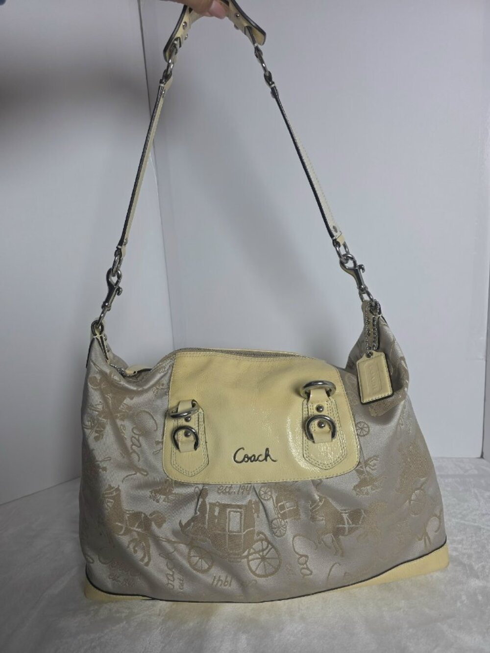 Coach Ashley Horse and Carriage print satchel in beige with light yellow patent